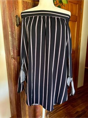 Off-the-Shoulder Dark Navy and White Stripe Tunic with Tie Sleeves